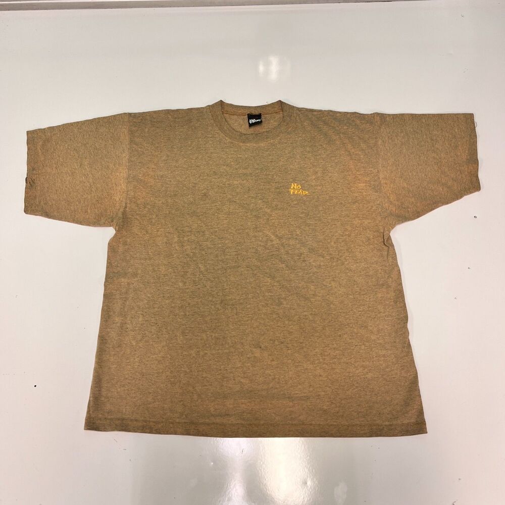 Vintage 90s No Fear T-Shirt Heather Tan Embroidered Spellout Single Stitch Large